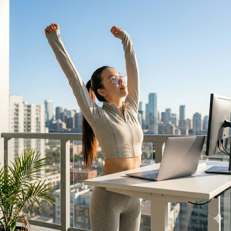 Office colleague performing a standing shoulder roll beside a desk during a short break